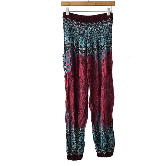 Banjamath Scarlet Red Turquoise Paisley Haram Pants Elastic Waist Ankle Size XL - Picture 1 of 9